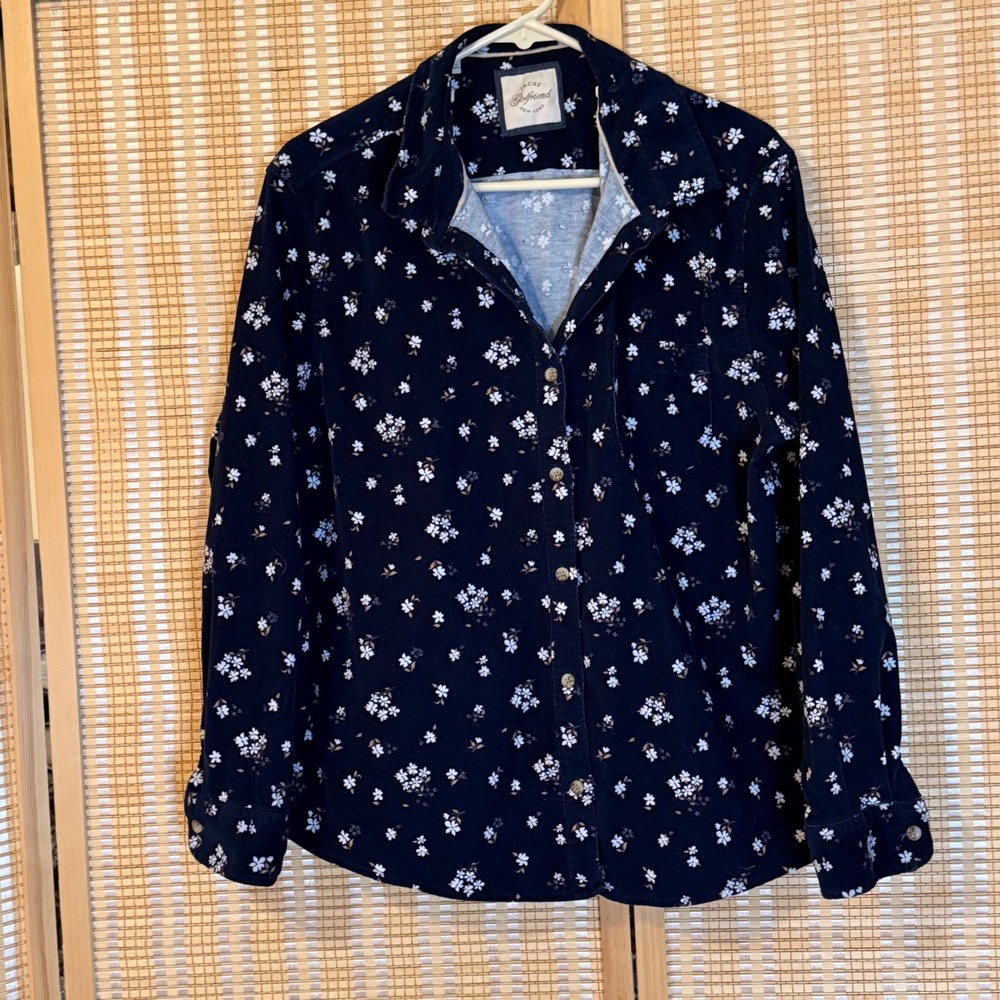 Jachs Girlfriend Navy Blue Floral Corduroy Button Down Shirt XL Western Bohemian